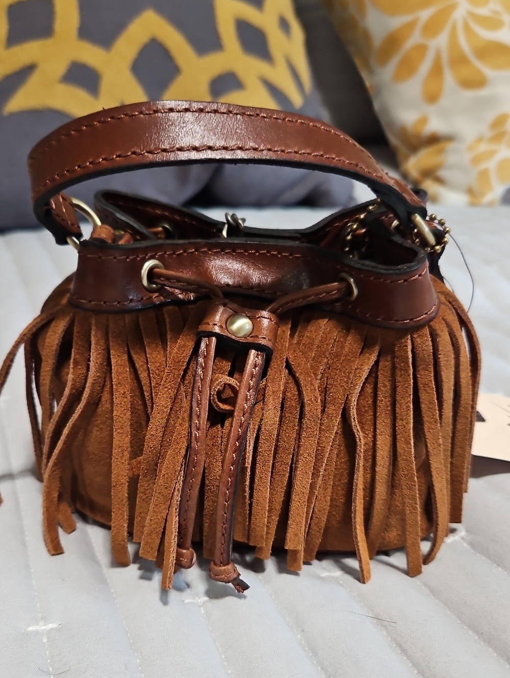 Patricia Nash Brown Suede Fringe Drawstring Mini Hobo And Crossbody Bag - Picture 10 of 14